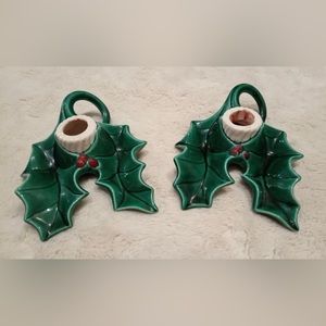 Pair of Christmas candleholders - holly & berries